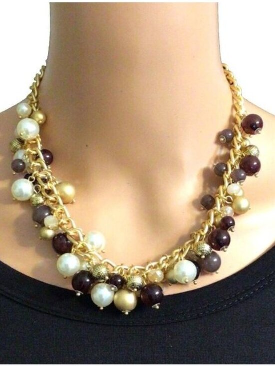 Tanya Creations Jewelry - Beaded Statement Necklace Brown Gold Tone Cream Adustable Length Womens 18 Inch